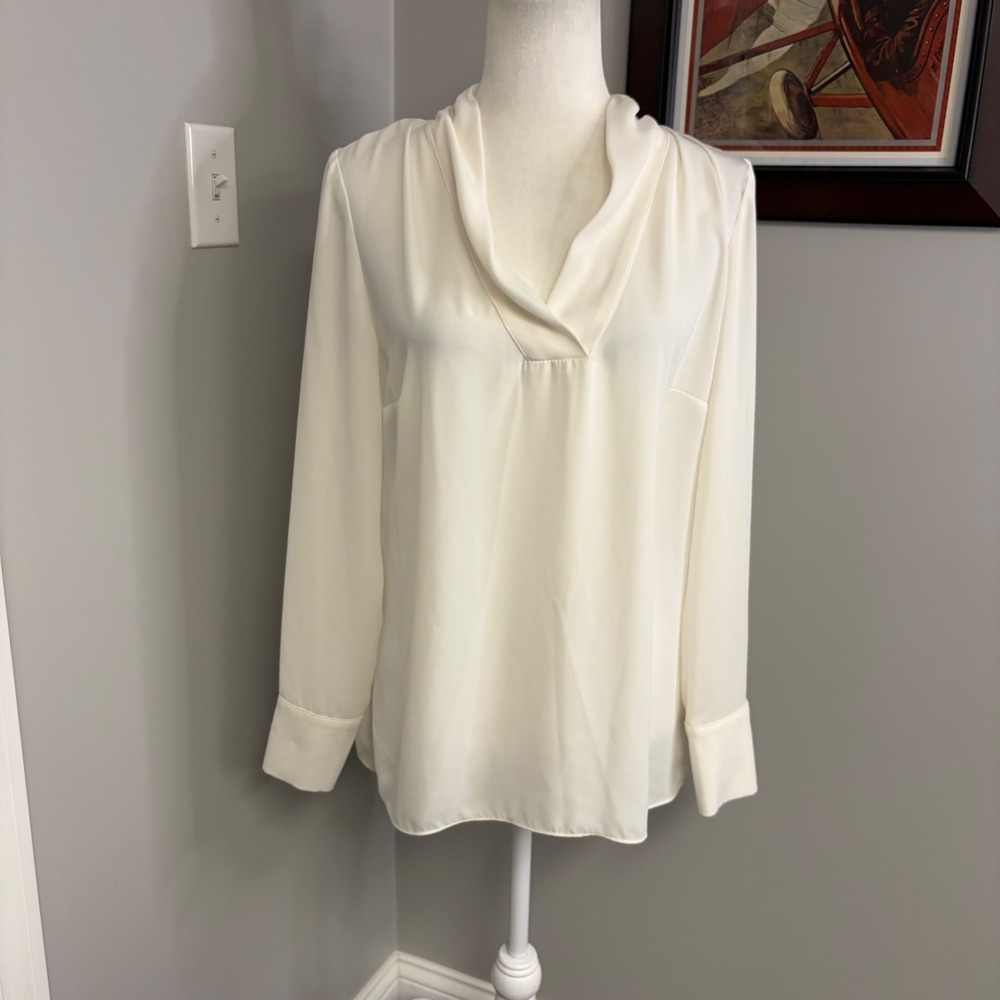Amanda Uprichard Ivory Cowl Neck Long Sleeve Blouse Gold Button Cuffs Medium